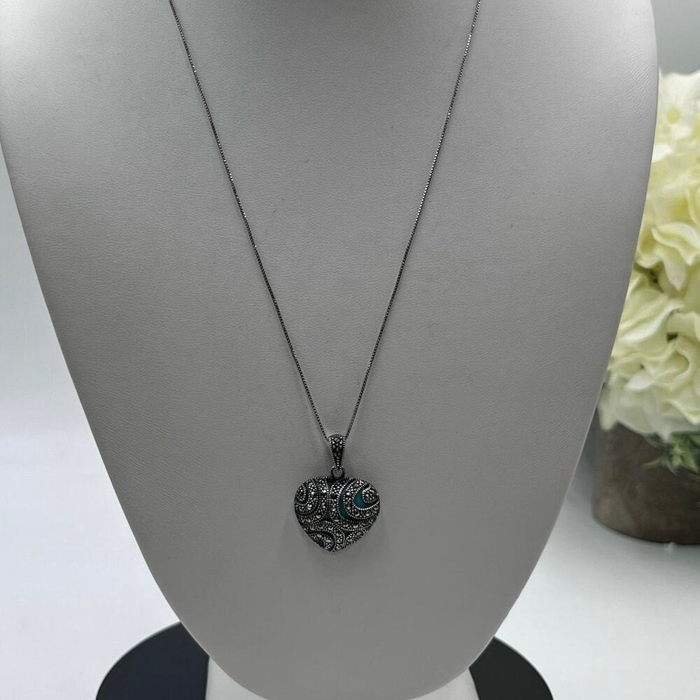 Sterling silver 925K Thai Turquoise Polished Marcasite Heart Pendant Necklace